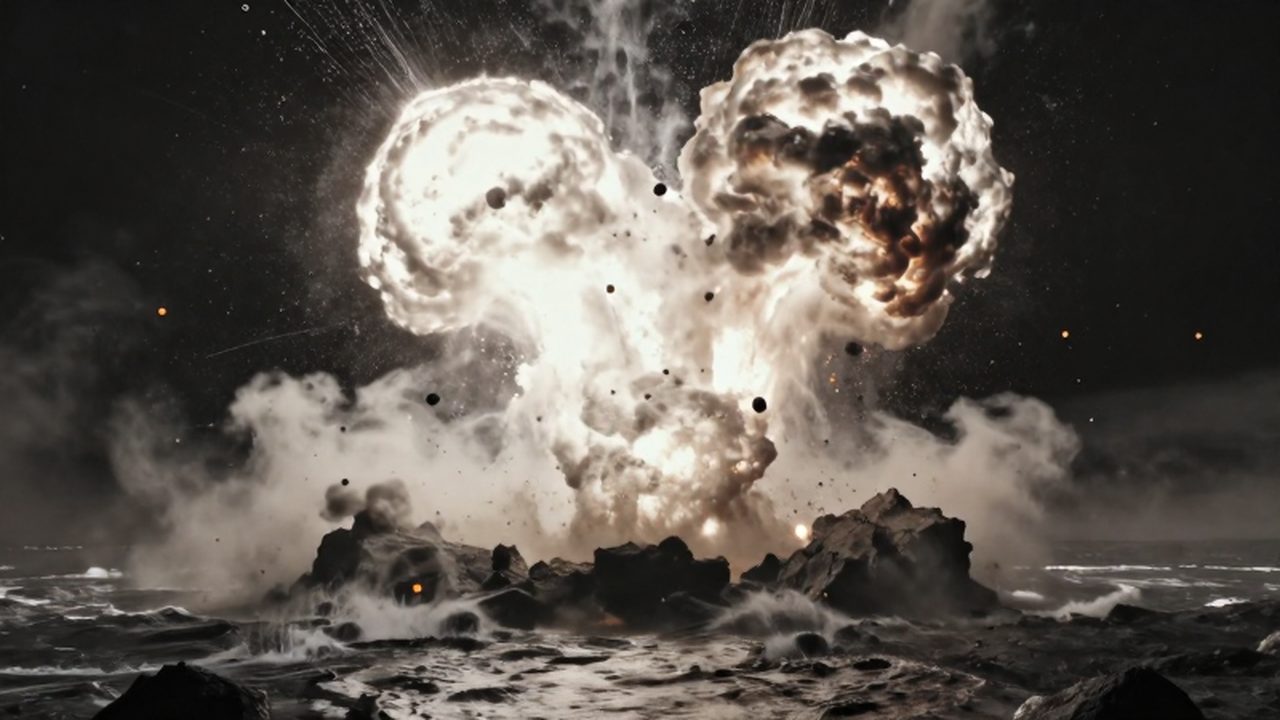 Impacto de un asteroide colosal en la corteza terrestre generando una explosión de plasma y lava.