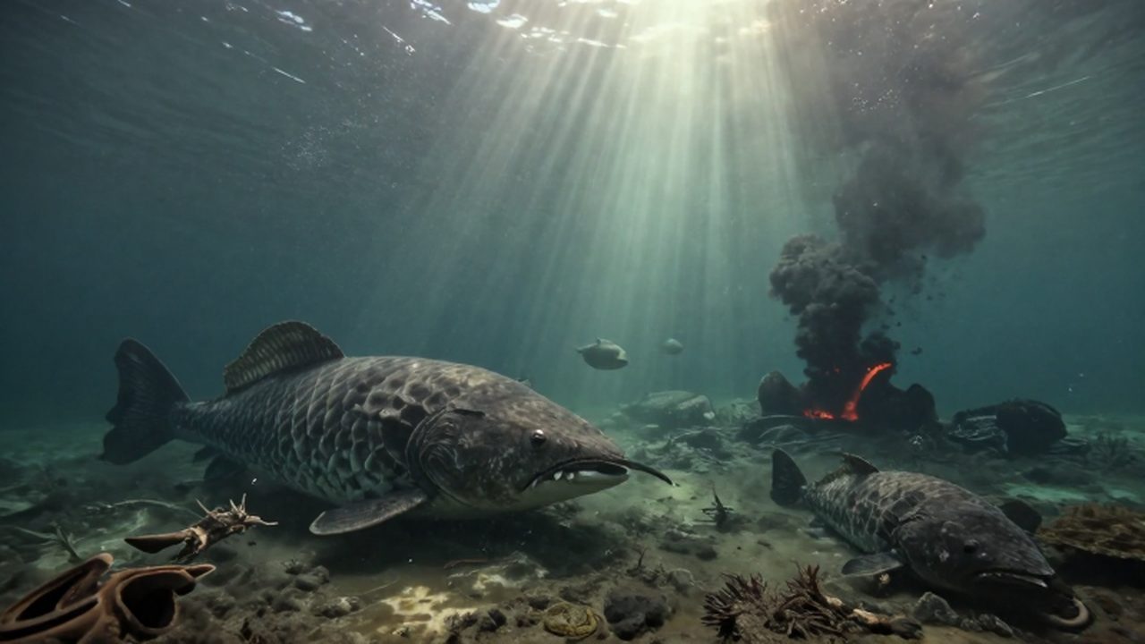 Peces placodermos nadan en un mar turbio con volcanes submarinos y sedimentos en suspensión.