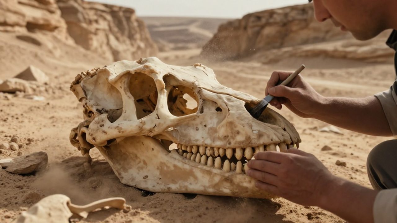 Paleontólogo limpiando con un pincel un enorme cráneo de dinosaurio en un cañón desértico.