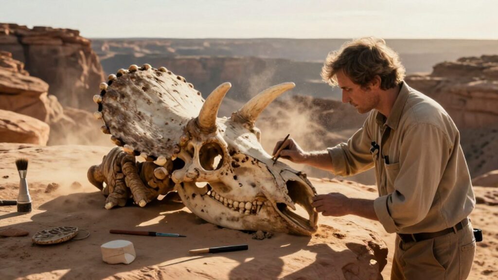 Paleontólogo limpiando con un pincel un enorme cráneo de Triceratops en un sitio de excavación desértico.