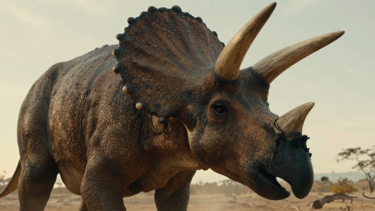 Primer plano de un Triceratops con grandes cuernos y gola ósea en un paisaje prehistórico.