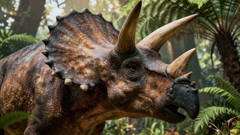 Primer plano detallado de la cabeza de un Triceratops entre la vegetación de una selva prehistórica.