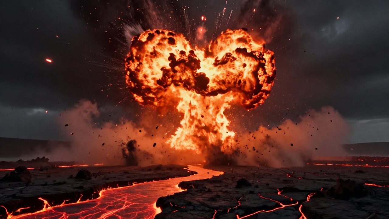 Impacto masivo de un asteroide en una costa prehistórica con explosiones de fuego y magma.