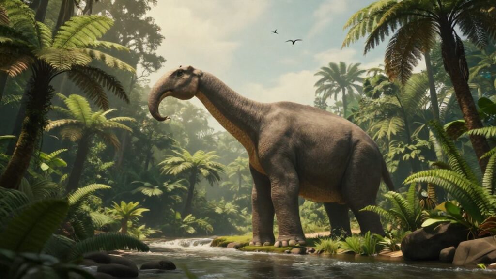 Un enorme braquiosaurio pasta copas de árboles en una densa selva prehistórica junto a un río.