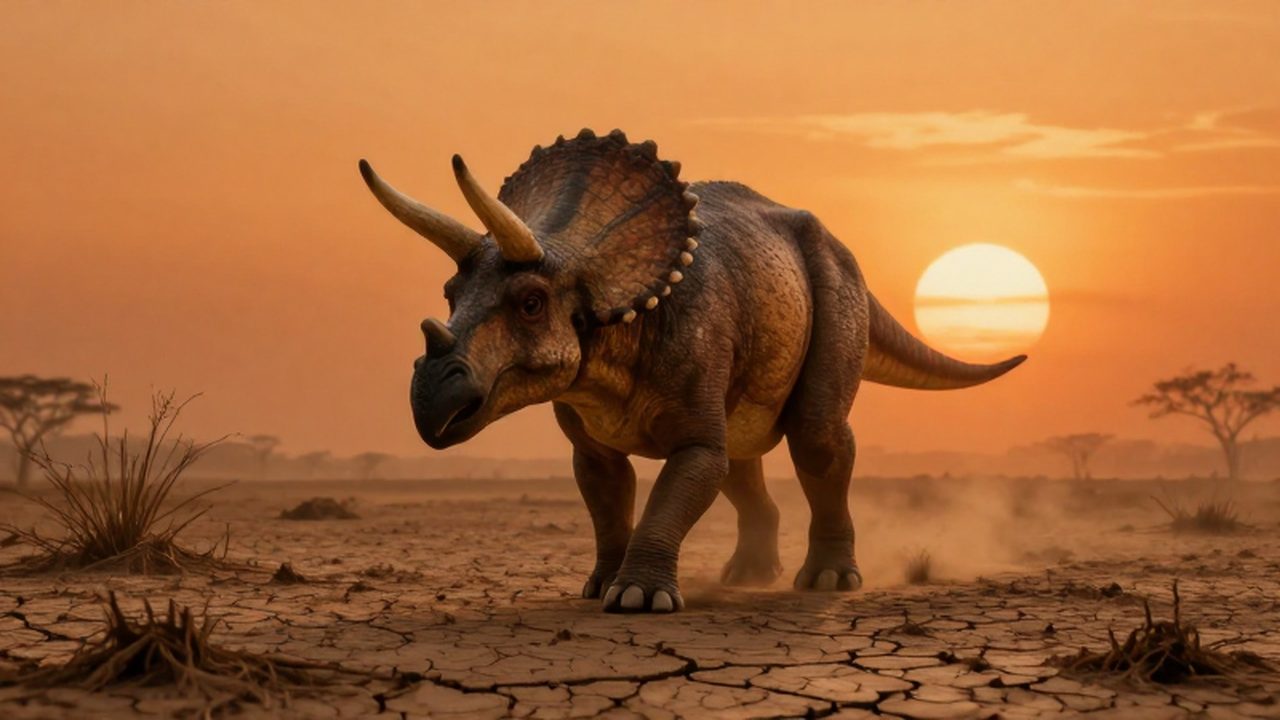 Triceratops agotado caminando por un paisaje prehistórico seco y agrietado bajo un sol intenso.