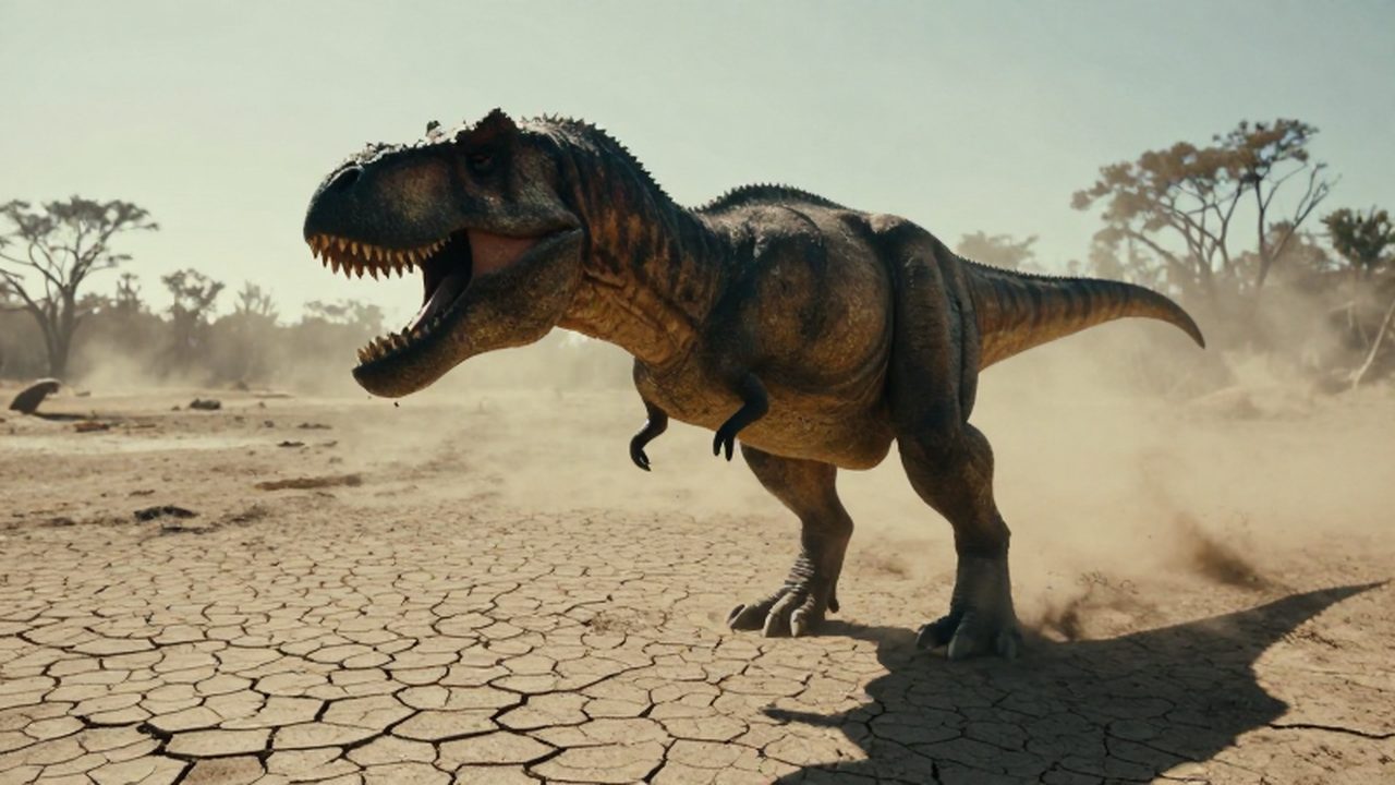 Un tiranosaurio rex agotado jadea bajo un sol intenso en un paisaje árido y agrietado.