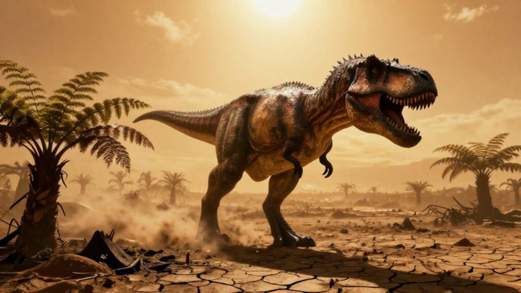 Un tiranosaurio rex exhausto jadea bajo un sol abrasador en un desierto prehistórico.