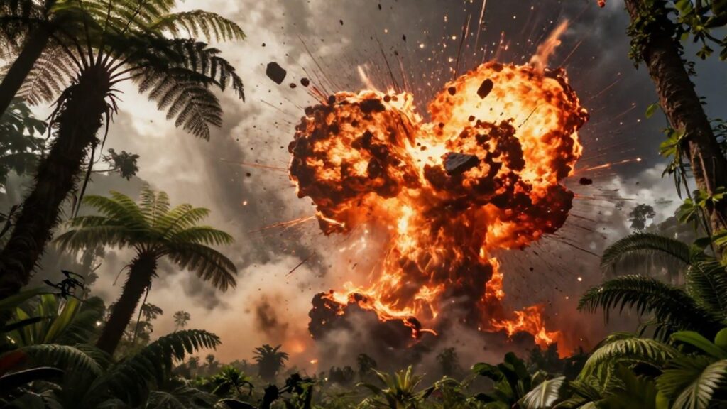 Gran asteroide impactando la Tierra prehistórica provocando una explosión masiva sobre una selva tropical.
