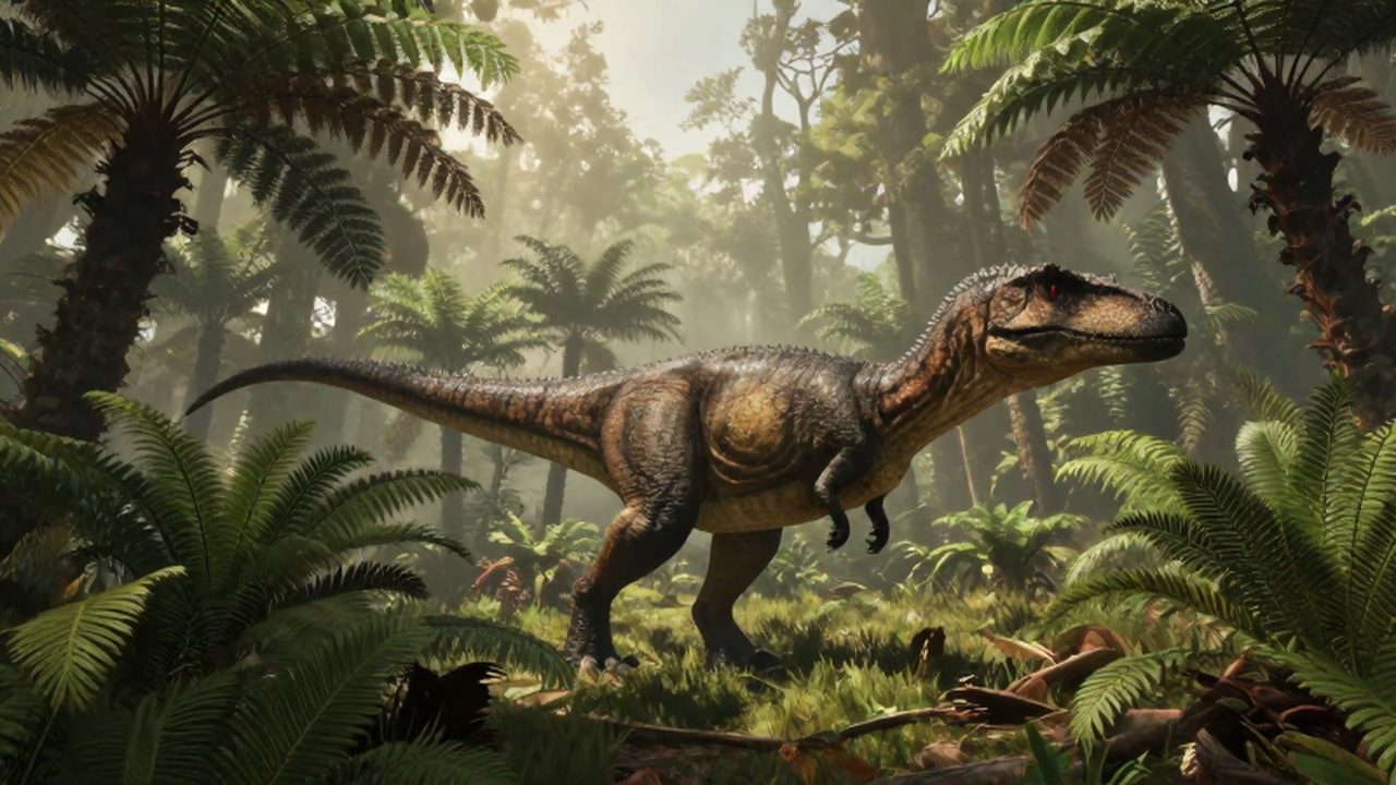 Un Dilophosaurus camina entre helechos y vegetación densa bajo la luz filtrada de un bosque prehistórico.
