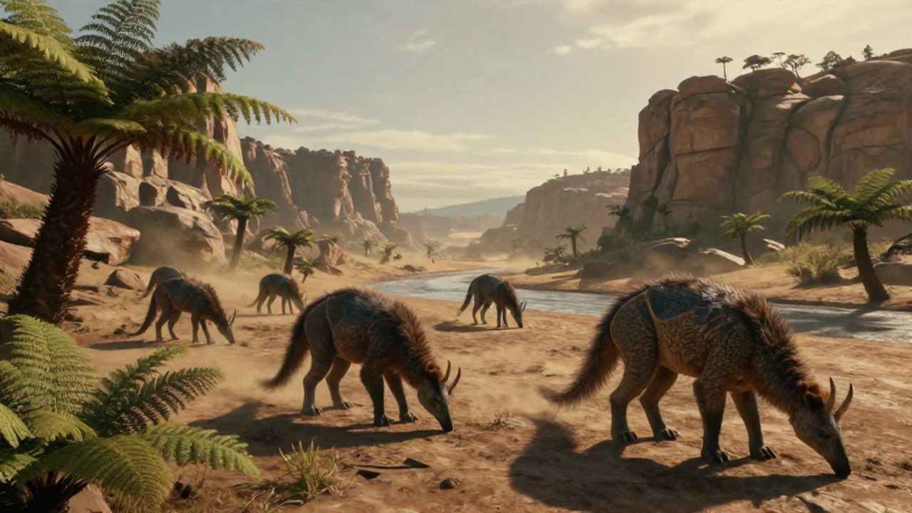 Grupo de terápsidos pastando cerca de un río seco en un paisaje prehistórico bajo la luz del atardecer.
