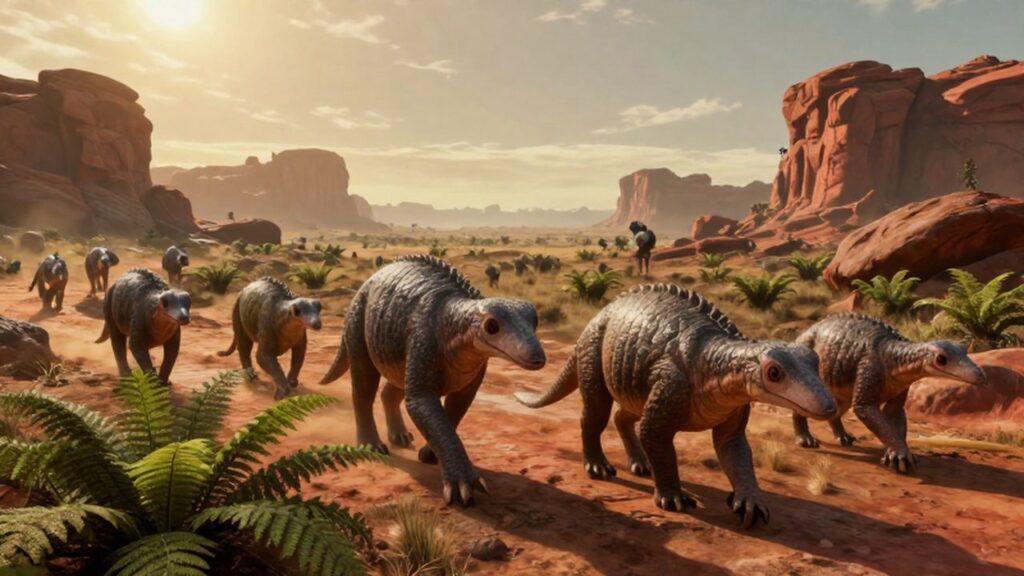 Grupo de criaturas terápsidas caminando por un paisaje prehistórico de helechos y rocas rojizas.