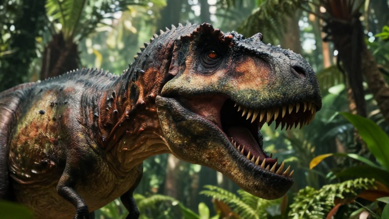 Primer plano de un tiranosaurio rex con la boca entreabierta entre la densa vegetación de la selva.