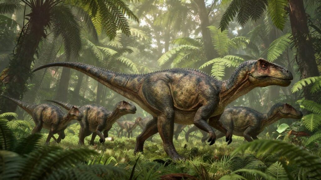 Manada de Parasaurolophus caminando por un bosque de helechos bajo la luz solar filtrada.