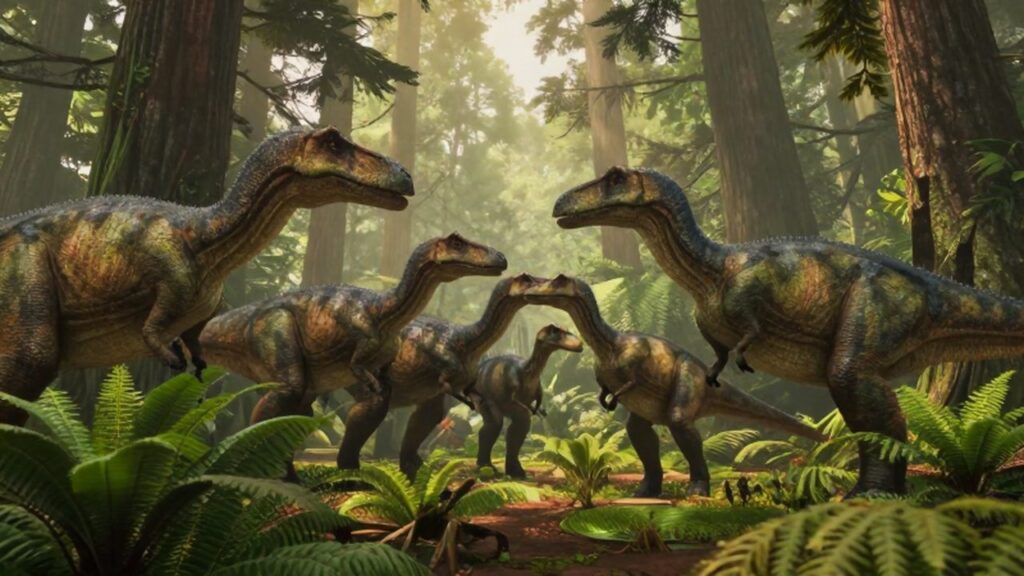 Manada de dinosaurios Parasaurolophus interactuando en un frondoso bosque de helechos y coníferas.