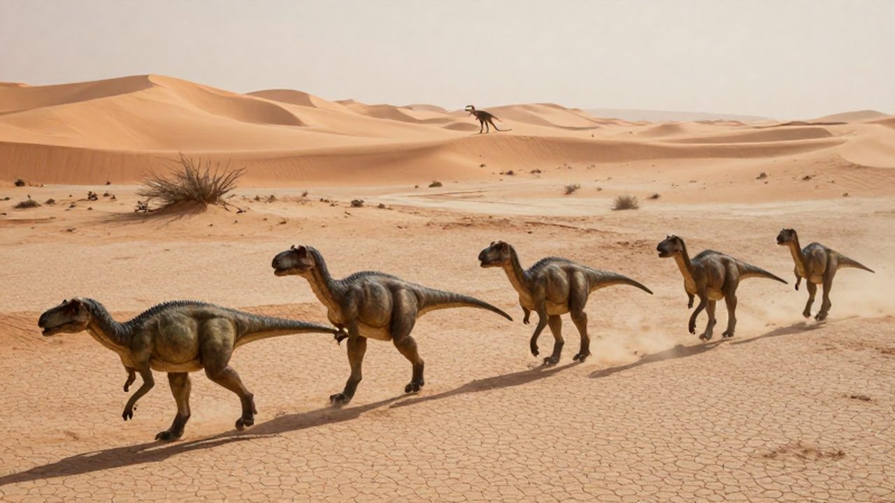 Grupo de dinosauros herbívoros cruzando un desierto árido bajo un sol intenso.