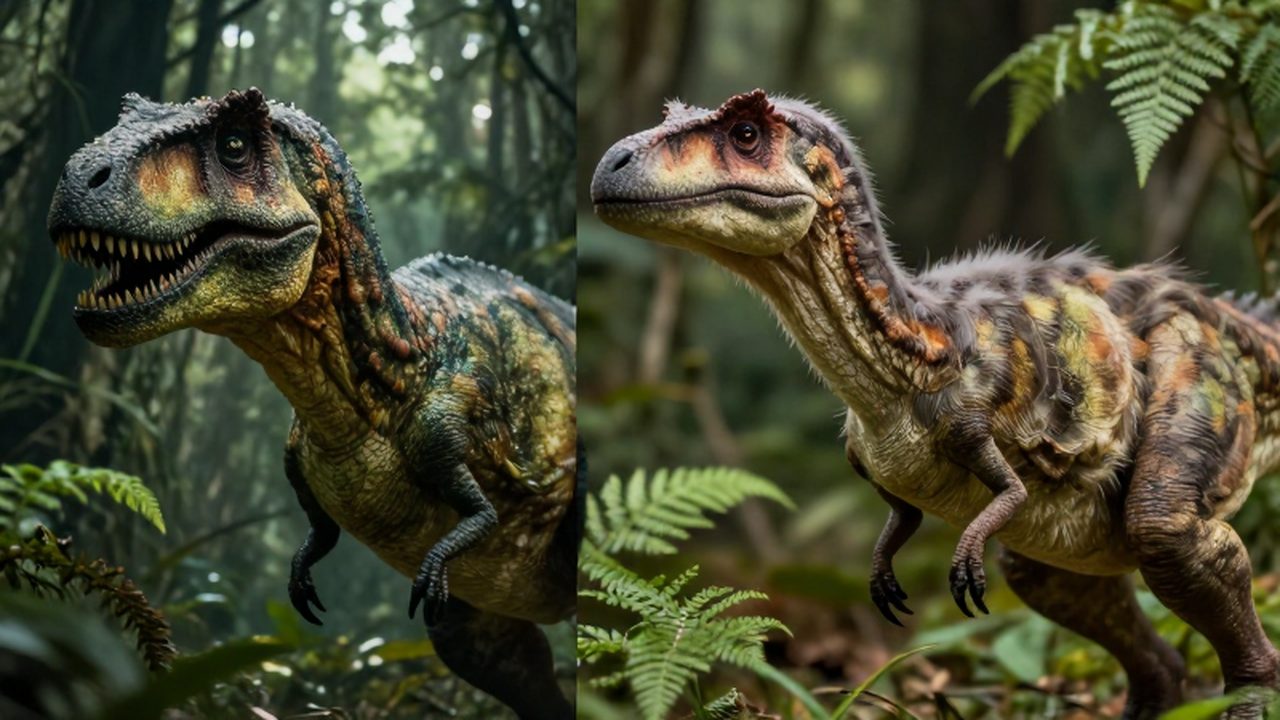 Comparativa entre un velociraptor de aspecto cinematográfico escamoso y uno científicamente preciso cubierto de plumas.