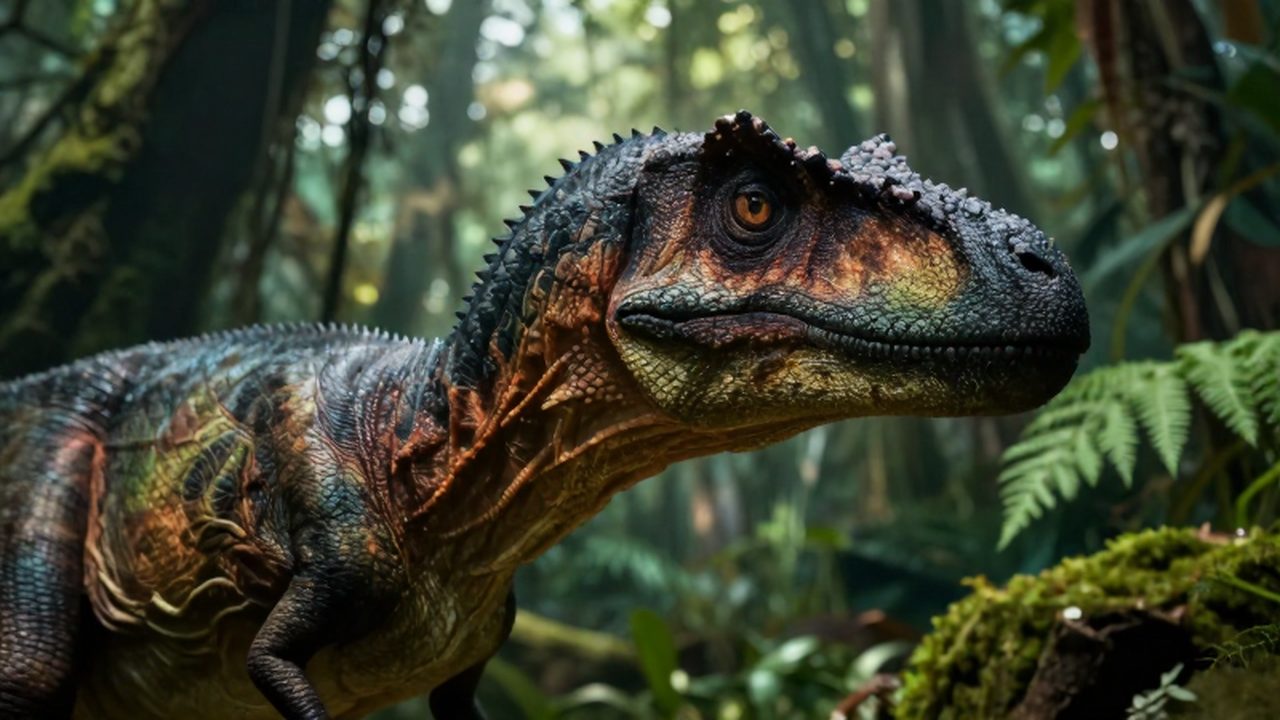 Primer plano de un velociraptor con plumas que observa intensamente entre la vegetación de una selva prehistórica.