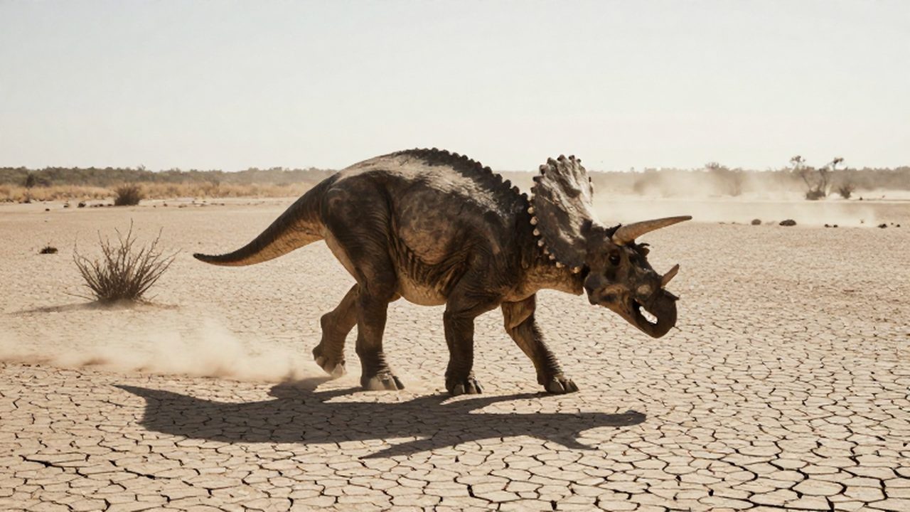 Un Triceratops exhausto camina con dificultad por el lecho seco y agrietado de un río.