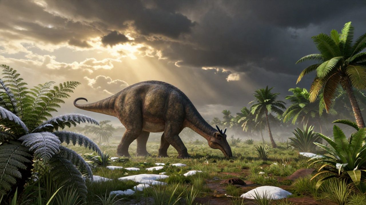 Un Edmontosaurus pasta en un paisaje prehistórico donde el frío y la vegetación tropical se encuentran.