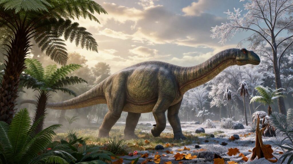 Un enorme braquiosaurio camina por un paisaje dividido entre una selva tropical y un bosque invernal.