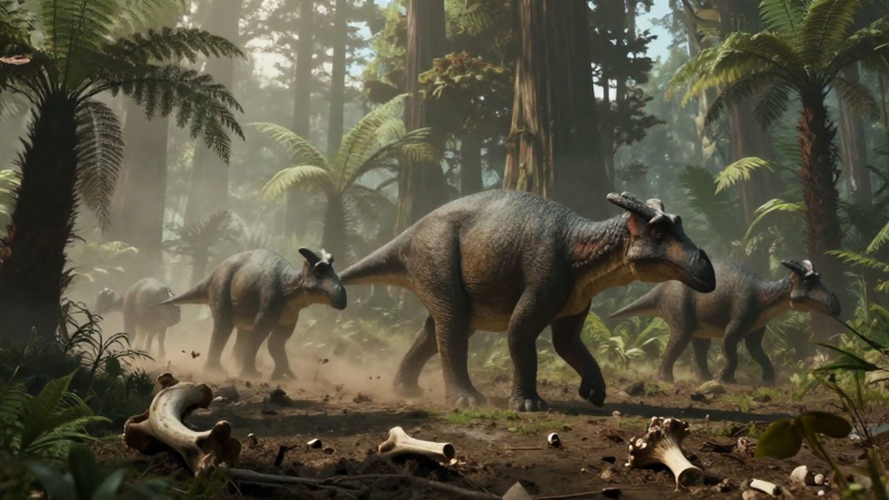 Manada de Edmontosaurus caminando entre helechos y coníferas en un bosque prehistórico con neblina.