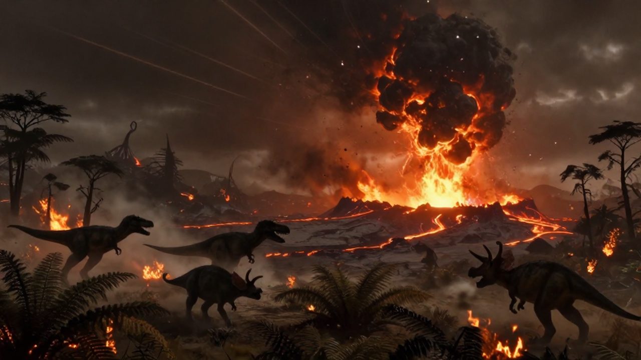 Dinosaurios huyen de un bosque en llamas mientras un asteroide impacta en un paisaje volcánico.