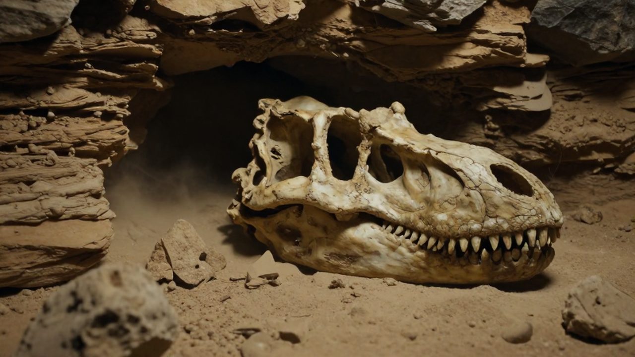 Cráneo de tiranosaurio rex parcialmente incrustado en capas de roca sedimentaria durante una excavación.