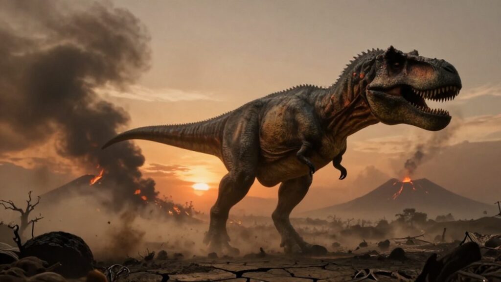 Un imponente tiranosaurio rex camina sobre una tierra agrietada bajo un cielo volcánico y apocalíptico.