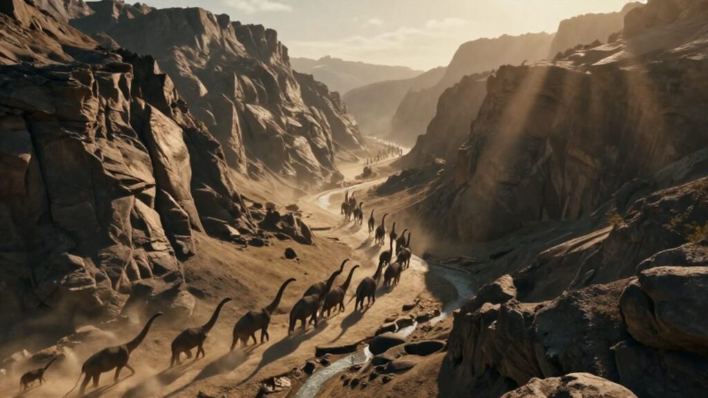 Manada de Argentinosaurus atravesando un cañón rocoso durante el atardecer en un paisaje prehistórico.
