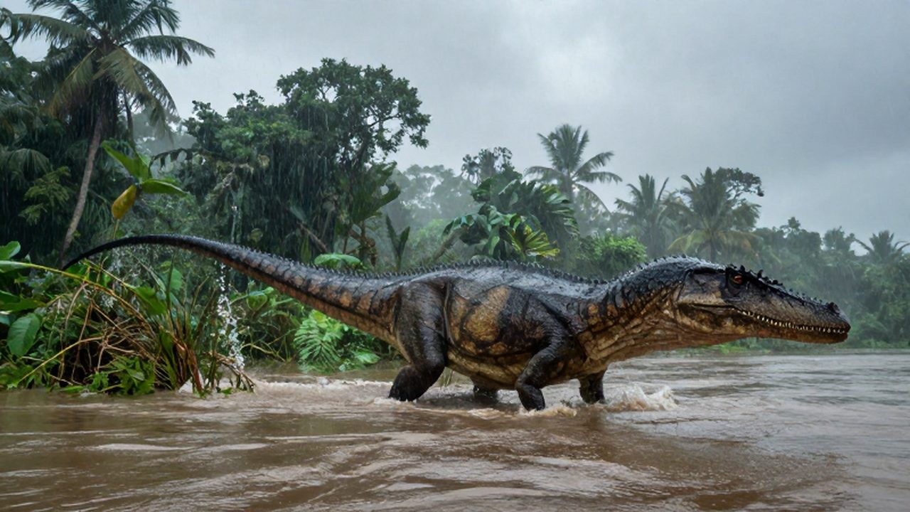 Un enorme Spinosaurus camina entre aguas turbias y vegetación bajo una lluvia intensa en un delta prehistórico.