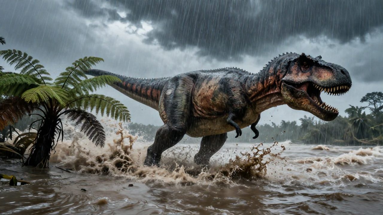 Un tiranosaurio rex lucha por mantenerse en pie ante una inundación torrencial en un entorno prehistórico.