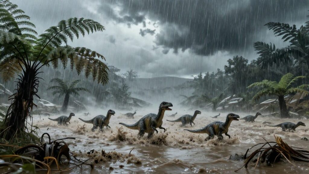 Pequeños dinosaurios herbívoros luchan para cruzar una inundación de lodo y lluvia en un valle prehistórico.
