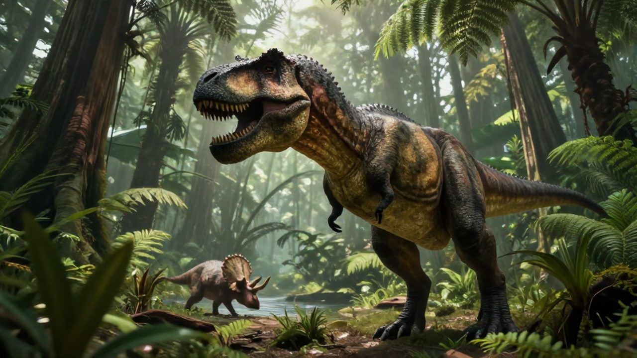 Un tiranosaurio rex acecha entre helechos gigantes mientras observa a un triceratops cerca de un río.