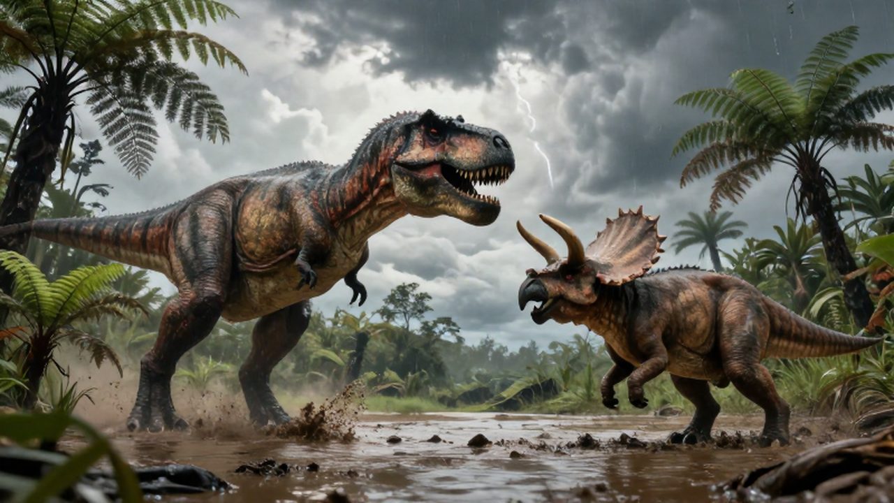 Un tiranosaurio rex y un triceratops se enfrentan en un río fangoso bajo una tormenta.