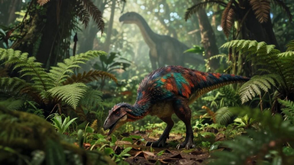 Dinosaurio emplumado de colores iridiscentes buscando alimento entre helechos en una selva prehistórica brumosa.