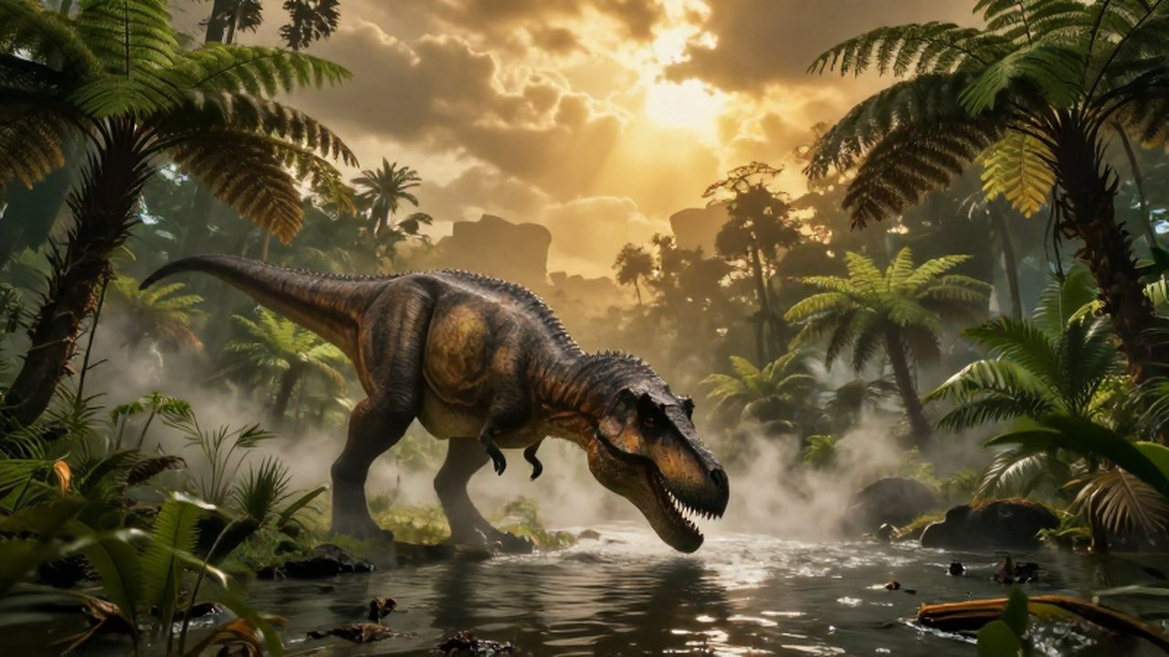 Un imponente Tyrannosaurus Rex bebe de un río tropical rodeado de densos helechos prehistóricos.
