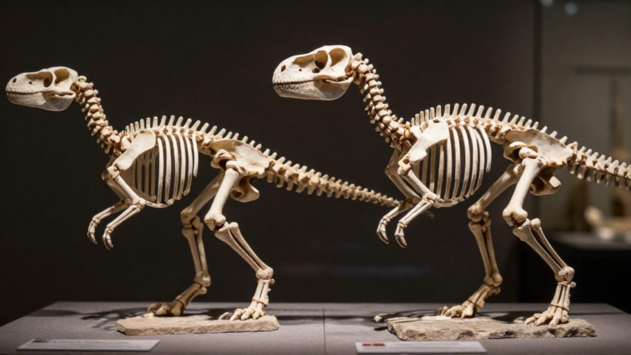 Comparativa detallada de los esqueletos de un arcosaurio primitivo y un dinosaurio temprano.