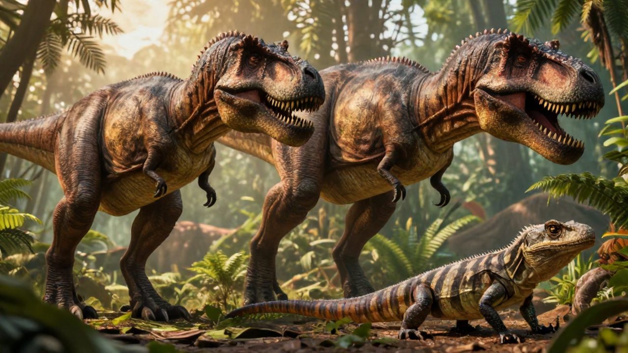 Comparación lado a lado de un Tiranosaurio Rex y un lagarto primitivo en una selva prehistórica.