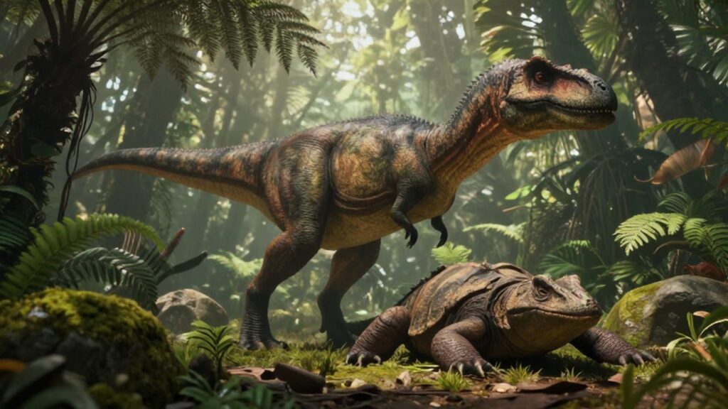 Un gran dinosaurio terópodo junto a un reptil primitivo en una selva prehistórica con vegetación densa.