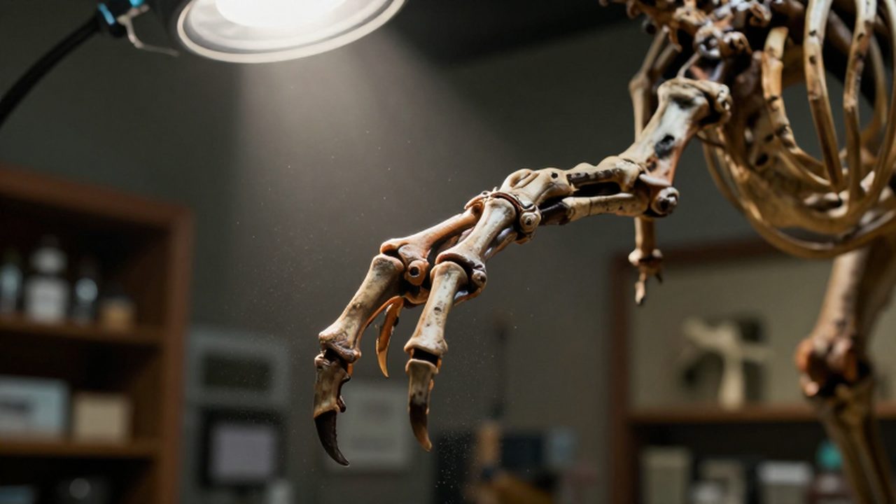 Primer plano detallado de un antebrazo fosilizado de Tyrannosaurus rex en un laboratorio científico.