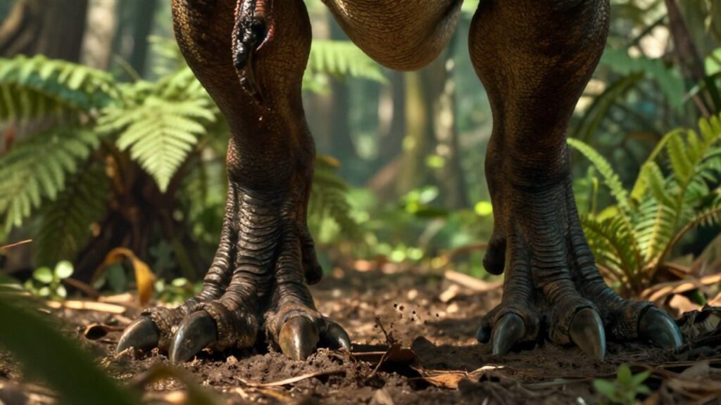 Primer plano de las patas musculosas y garras de un tiranosaurio rex sobre la selva.