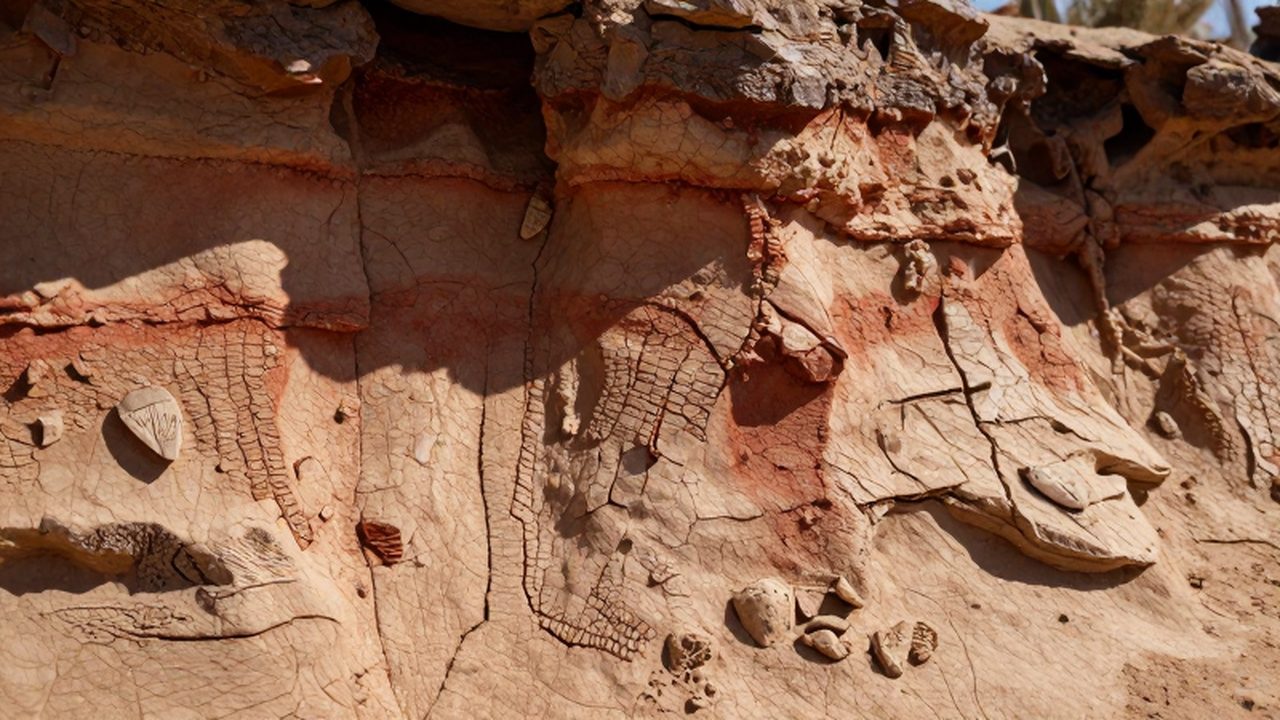 Capas de suelo fósil con texturas sedimentarias, restos vegetales y huellas de dinosaurio bajo la luz solar.