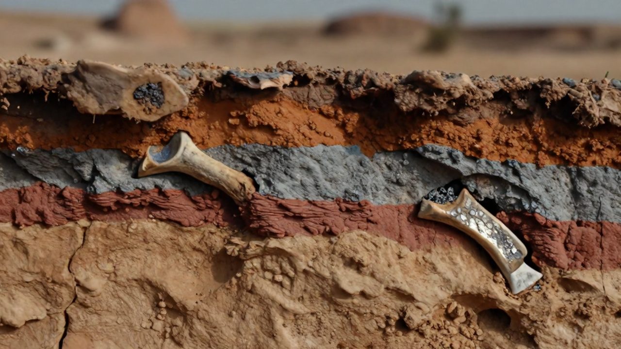 Fragmento de hueso de dinosaurio incrustado entre capas de sedimentos y suelos fósiles de colores terrosos.