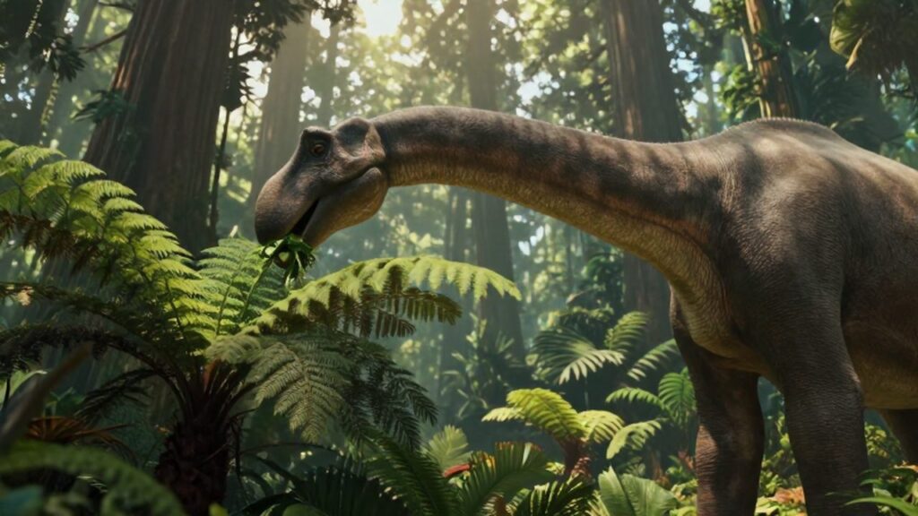 Un enorme braquiosaurio con piel escamosa come helechos entre la niebla de una selva prehistórica.