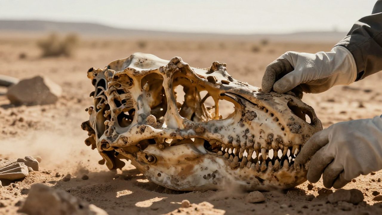 Manos enguantadas de un paleontólogo limpian sedimentos de un cráneo de Tyrannosaurus rex en el desierto.