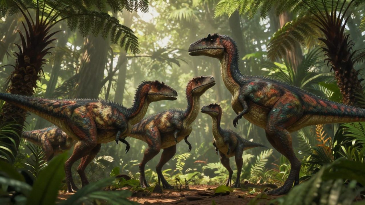 Grupo de Deinonychus con plumas iridiscentes interactuando entre helechos en un bosque prehistórico neblinoso.