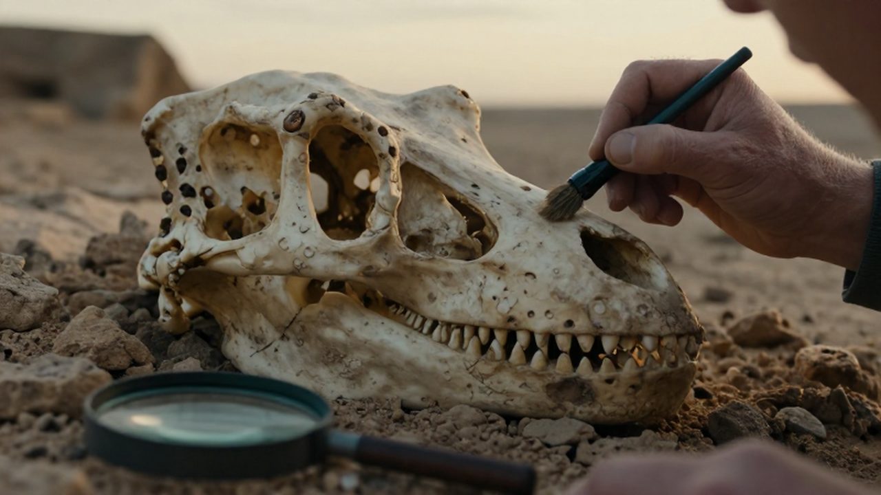 Mano de un paleontólogo limpiando con un pincel un cráneo de dinosaurio fosilizado entre rocas.