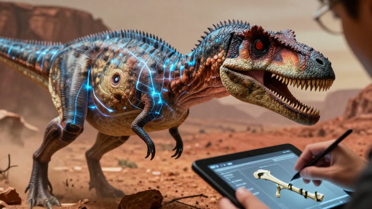 Reconstrucción holográfica azul de un dinosaurio Coelophysis junto a un paleontólogo escaneando un fósil.
