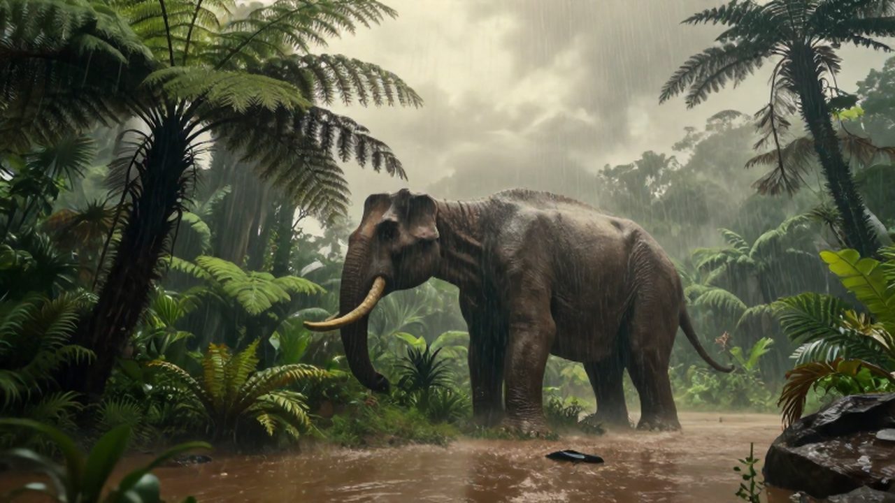 Un enorme braquiosaurio pasta entre la densa vegetación de una selva tropical bajo la lluvia.