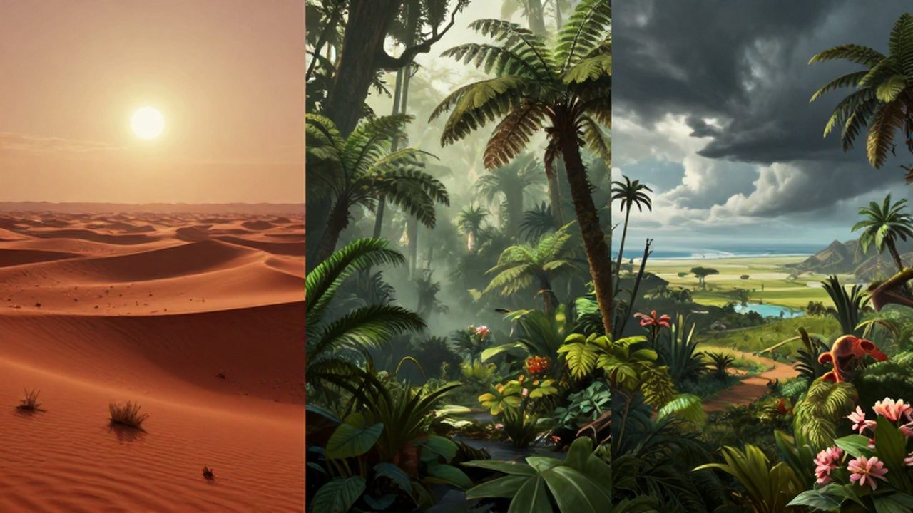 Tríptico que muestra la evolución de la Tierra desde desiertos triásicos hasta selvas jurásicas y llanuras cretácicas.